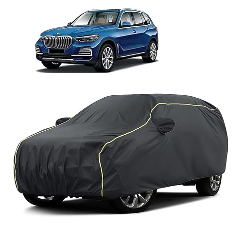 Image of Sulfar 100% Water Resistant Car Body Cover Compatible with Mirror for BMW X5 (Triple Stitched, Full Bottom Elastic, Dark Grey Taffeta with Yellow Piping)