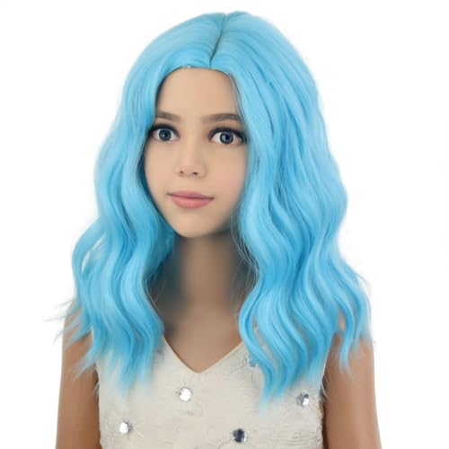 Image of PATTNIUM Kids Blue Wig Short Wavy Wig Light Blue Wig for Kids Cosplay Halloween Party Costume Heat Resistant Synthetic Wig for Girls (Light Blue)
