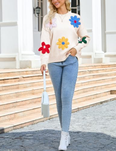 Image of Women Floral Sweater Casual Colorful Flower Knit Pullover Top