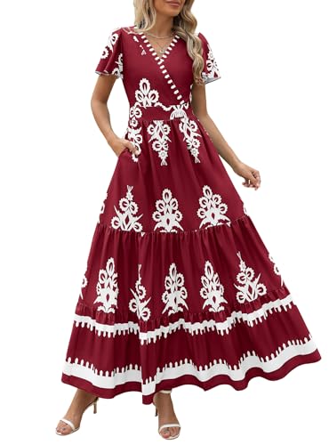 Image of PRETTYGARDEN Womens 2026 Summer Casual V Neck Boho Maxi Dress Flowy Aline Bell Sleeve Tiered Floral Dresses with Pocket