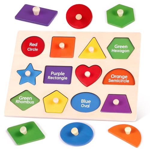 Montessori Wooden Peg Shape Puzzles for Toddlers 1-4, Sturdy Easy-Grip Educational Learning Toys, Perfect Birthday Gifts for Baby Boys Girls