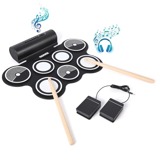 7 Pads Bluetooth Electric Drum Set, Portable Roll Up Electronic Drum Pad with Headphone Jack, Pedals & Sticks, Recording Function, Great Holiday Xmas Birthday Gift for Kids