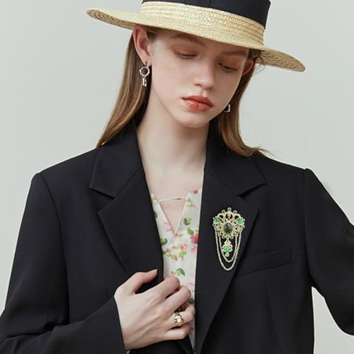 Image of Dainty Green Simulated CZ Tassel Drop Brooch Lapel Pins for Women Vintage Antique Gold-Tone Simulated Pearl Flower Brooches Pin for Dress Suit Accessories Fashion Jewelry