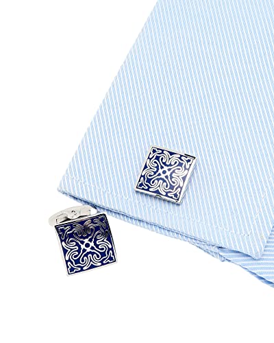 Mancuernillas cuadradas vintage con patrón azul para hombres miniatura 2
