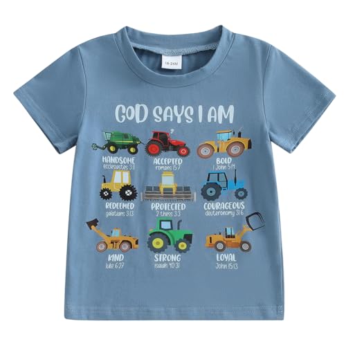 Kids Toddler Little Boys Christian Shirts God Says I Am Construction Bible Verse Truck Excavator T-Shirt