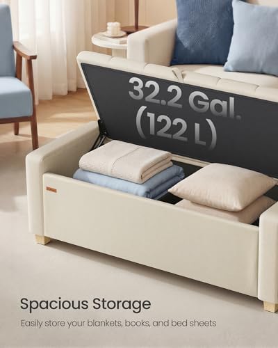 SONGMICS Storage Ottoman, Storage Chest Bench with Legs, End of Bed Bench with Safety Hinges, Pull Tab, for Living Room, Bedroom, 19.7 x 47.6 x 16.5 Inches, Linen-Look Fabric, Summer Sand ULOM511LF01 | Foot Rest with Legs, 19.7 x 47.6 x 16.5 Inches, End of Bed Bench with Safety Hinges, Summer Sand, for Room, ULOM511LF01 - Image 5