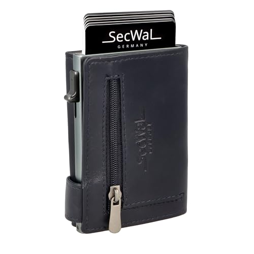 SecWal Kartenetui mit Münzfach Reißverschluss - Made in Germany - Echtleder Geldbörse inkl. E-Book für Damen und Herren - RFID Schutz Portemonnaie Leder - Geldbeutel klein (Blau)
