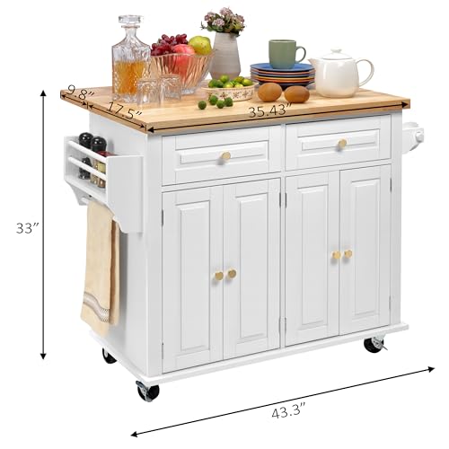 Finnhomy Rolling Kitchen Island With Drop Leaf, Thicken Rubberwood Top, Spice Rack, Towel Rack, Drawer, 43.3" Portable Mobile Kitchen Island Carts Table, Storage Cabinet, Both Wheels and Feet Included