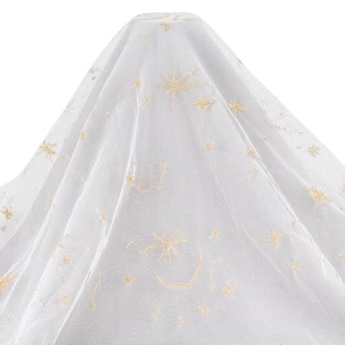 CRAFTYMELODY Tela de Encaje Blanco de 1 yarda Hermosa Tela de Malla Bordada Estrellas y Luna Tul de 59 pulgadas de Ancho Velo Bordado de Gasa de Poliéster