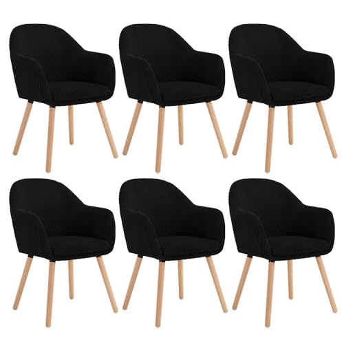 WOLTU Chaises de Salle à Manger Lot de 6, Chaise de Cuisine avec Accoudoirs, Chaise Rembourrée avec Pieds en Bois Massif, en Velours Côtelé, Nior.