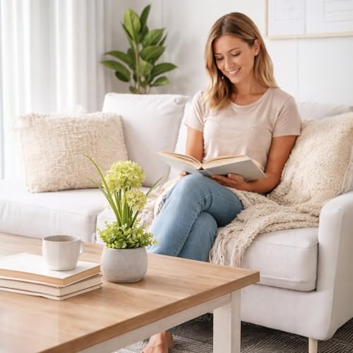 Image of Garden Art Artificial Hydrangea Mini Cluster Bouquet Arrangement in Decorative Pot - Realistic Faux Plant for Living Room Decor (P-0141Yellow)