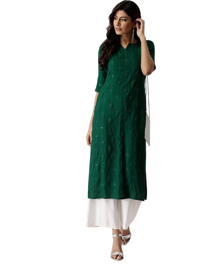 Women's Elegant Green Embroidered Kurta with 3/4 Sleeves, V-Neck Long Dress, Traditional Indian Wear-picture-55