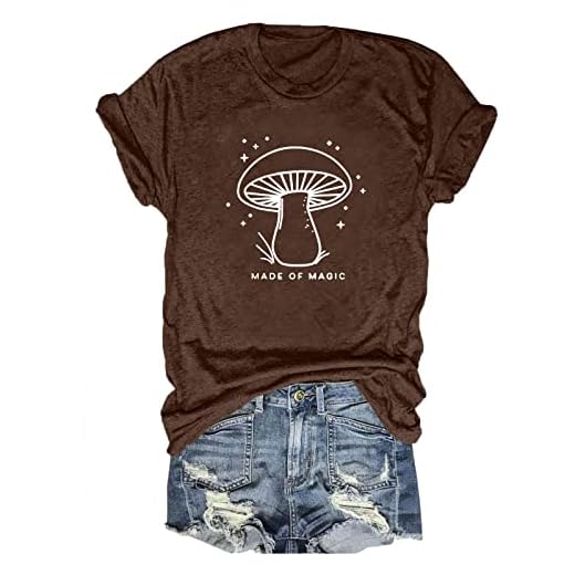 UNIQUEONE Mushroom Shirt Women Cottagecore Shirts Cute Mushroom Graphic Print T Shirt Plant Short Sleeve Brown