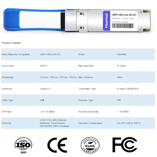 Image of 40G QSFP+ LR4 Optical Transceiver Module,Compatible with Arista Networks QSFP-40G-LR4-20,40GBASE-LR4 QSFP+ 1310nm,CWDM4 20km LC DOM