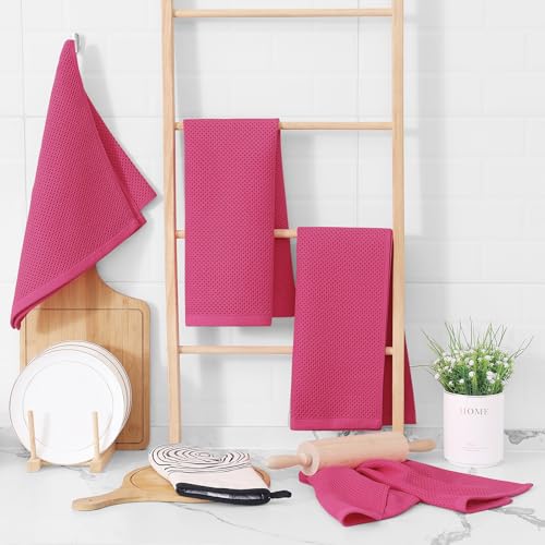 Image of Homaxy 100% Cotton Waffle Weave Kitchen Dish Towels, Ultra Soft Absorbent Quick Drying Cleaning Towel, 13 x 28 Inches, 4-Pack, Hot Pink