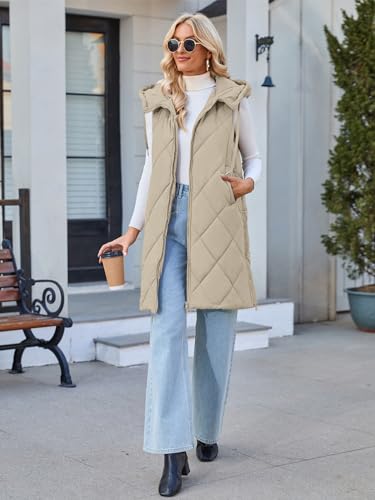 MEROKEETY Womens Sleeveless Quilted Long Puffer Vest Hooded Full Zip Jacket Coats with Pockets3