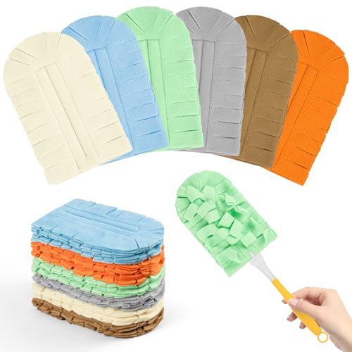 Image of 12 PCS Fleece Reusable Duster Refills Compatible with Swiffer Handle, Washable Heavy Duty Duster Pads for Fan, Window, Furniture, Car, 360 Cleaning Cloths Include 1 Handle, Morandi Colors