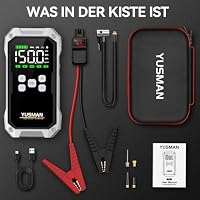 YUSMAN Starthilfe Powerbank mit Kompressor | 9000A Auto Starthilfe für alle Benzinmotoren & 12L Diesel | 160PSI Luftpumpe mit LCD & Multifunktions-Taschenlampe – Ansicht 8