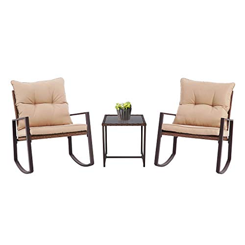 BonusAll 3 Pieces Outdoor Patio Set Rocking Chair Wicker Patio Furniture Sets Rocking