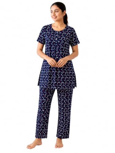 Image of KIAWAH Women Printed Night Suit Set, Cotton Blend Night Suit, A-Line Top and Pajama Set, Soft and Breathable Night Wear