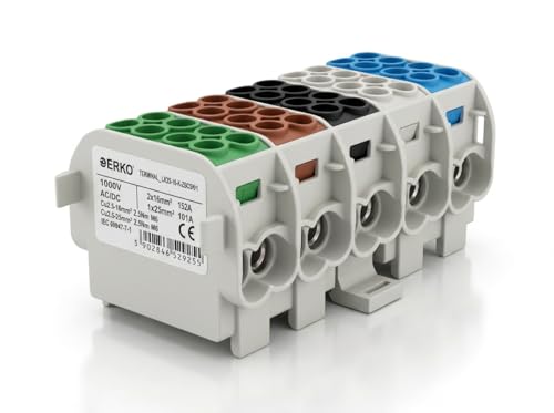 ERKO Hauptleitungs-Abzweigklemme 5-polig für DIN-Schiene 35 mm 152A / 1000V AC/DC IP20 farbcodiert Grün/Braun/Schwarz/Blau/Grau