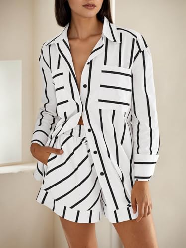 Image of Tankaneo Womens Striped 2 Piece Outfits Button Down Shirts and Shorts Lounge Matching Sets