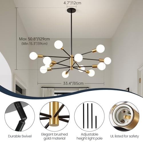 Epinl Sputnik Chandeliers Ceiling Light - 12 Lights Modern Chandelier E27 Height Adjustable 53.8 inch Semi Flush Mount Ceiling Light - Farmhouse Chandelier Over Table for Dining Room Kitchen Bedroom