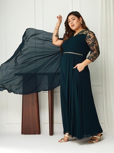 Image of Miss Chase A+ Women's Floral Printed Relaxed Fit V -Neck 3 /4Th Sleeve Georgette Maxi Dress