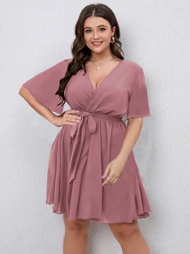 Image of SCOMCHIC Women's Plus Size Summer Dresses Short Sleeve Wrap V Neck A Line Skater Mini Short Dress XL-4XL