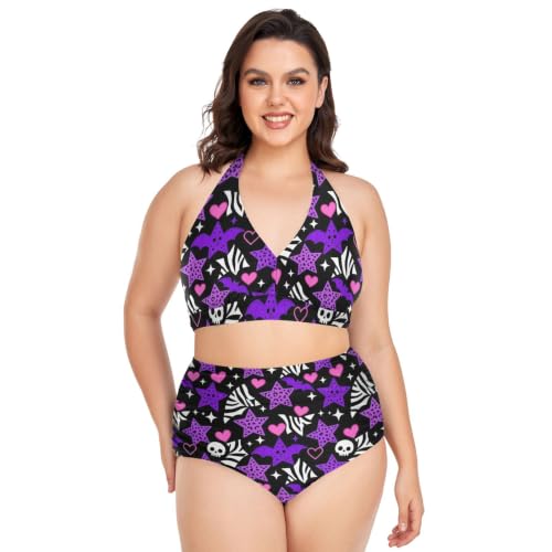 Bikinis Y2K violet motif étoile et skull leopard | Maillot de bain 2 pièces dos nu réglable pour l'été