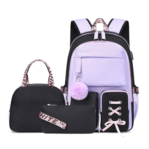 Backpack for Girls Women College Laptop Backpacks Girl Cute School Bag Set with Lunch Box Kids Bookbag with USB Charging Port College Middle High School Backpack for Teen Girls Travel Daypack-Purple
