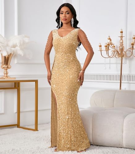 Cololura Women Sexy Elegant Sequin V Neck Tassel Mermaid Bodycon Formal Party Gowns Evening Maxi Dress2