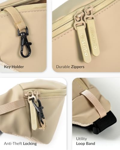 Image of Destinio Waist Bag for Man Woman - Anti Theft, Waterproof Zippers and Back Pocket - Large Travel Waist Pouch, Fanny Pack, Belt & Hip Bag for Hiking, Passport, Gym (Beige)