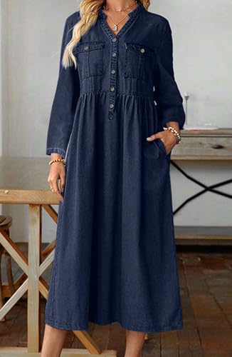 loveimgs Women Casual Button Down High Waist Midi Denim Dress V Neck Pleated Shirt Jean Dress A Line Long Sleeves Pockets2