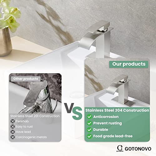 Gotonovo Brushed Nickel Sink Faucet Deck Mount Bathroom Stainless Steel 304 Bowl Basin One Hole One Handle Waterfall Spout Mixer Tap With Pop Up Drain Deck Plate thumb #5