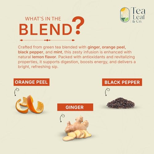 Image of Tealeaf & Co. Lemon Ginger Green Tea with Ginger, Lemon Flavor, Orange Peel, Mint & Black Pepper - Organic Green Tea Bags with Fresh Herbs and Spices - Vegan - 100 Teabags (7.055oz /200gm)