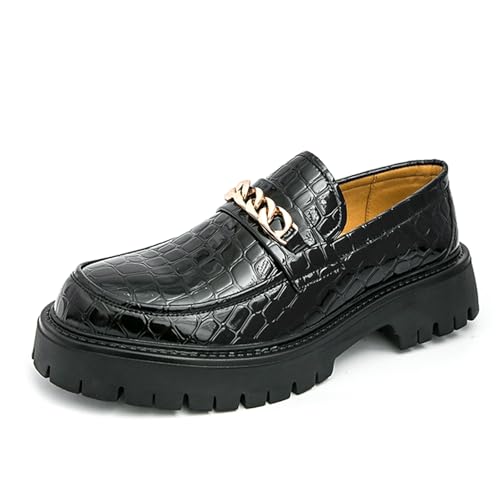 Mens Printed Leather Chain Platform Lug Sole Loafers Vintage Metal Round Toe Thick Sole Non Slip Formal Penny Shoes for Formal Business Work Office Daily