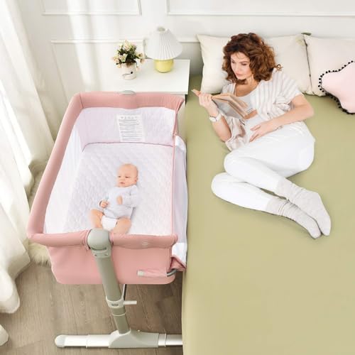 Image of BABY JOY Baby Bedside Crib, Portable Travel Sleeper Bed Side Bassinet w/Carrying Bag, Newborn Bassinet to Infant, Kids Crib with Detachable Mattress, Height Adjustable Design, Breathable Mesh, Pink