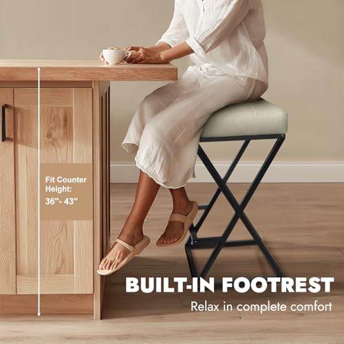 Image of Bar Stools Set of 3, 26 Inch Counter Height Faux Leather Cream White | Backless Counter Stools Upholstered Seat, X-Frame Metal Legs, Footrest, Mid-Century Modern for Kitchen Island Home Bar