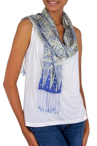 NOVICA Silk batik scarf, 'Royal Java Blue'