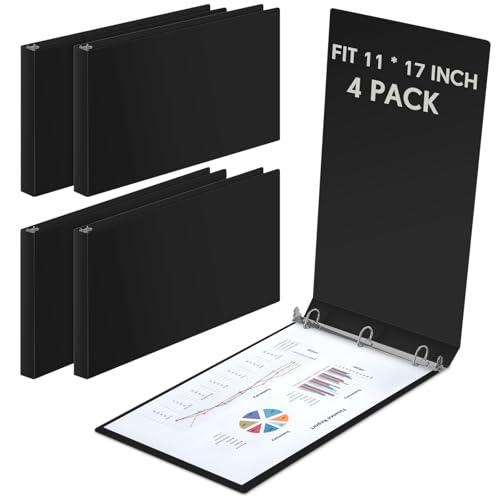 Humyoun 4 Pcs 11 x 17 Inch 3 Ring Binders 1 Inch Rings Heavy Duty View Plastic Flexible D Ring Binders Economy Holds 11 x 17 Paper for Artwork Blueprints Office Home Work Places(Black)