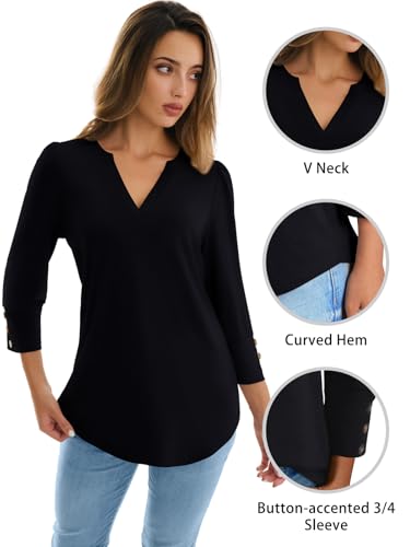 NORACORA Blouses for Women Dressy Casual 3/4 Length Sleeve Womens Tops V Neck Loose Fit T Shirts Beach Vacation Spring Summer Fall Shirts Black XXL — view 6