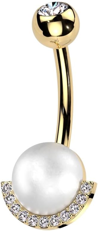 Pierced Owl 14GA 316L Stainless Steel Synthetic Pearl with Half CZ Crystal Edge Belly Button Ring