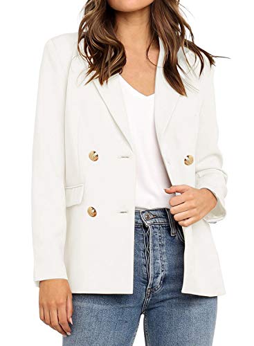 Vetinee Women's Ivory Casual Lapel Pocket Blazer Suit Long Sleeve Buttons Double Breasted Work Office Jacket Size Small