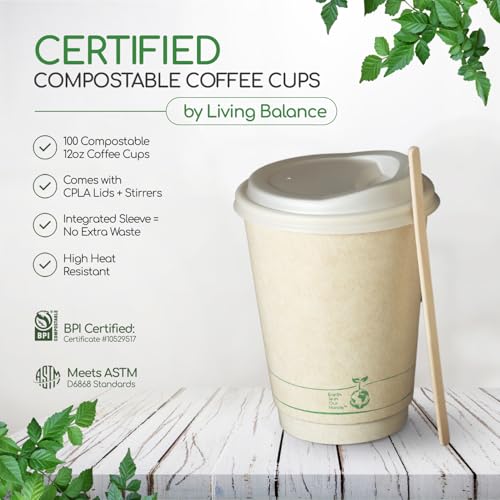 Living Balance Certified Compostable Coffee Cups with Lids 12 oz – 100 Pack Cups with Stirrers & Integrated Sleeves | Leak Proof, BPA-Free & PLA Certified Plant-based | To-Go cup for Hot & Cold Drinks