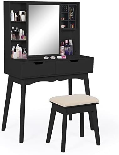 LYNSLIM Vanity Table Set with Mirror and Makeup Organizer Dressing Table,2 Large Drawers with Sliding Rails,Storage Shelves,Jewelry Box,Cushioned Stool,Makeup Vanity Desk (Black)