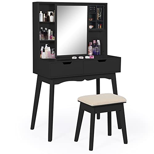 Lynslim Vanity Table Set With Mirror And Makeup Organizer Dressing Table,2 Large Drawers With Sliding Rails,Storage Shelves,Jewelry Box,Cushioned Stool,Makeup Vanity Desk (Black) #TOP16