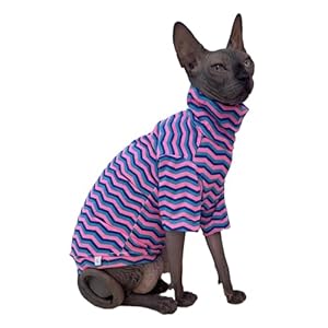 Vintage Stripes Sphynx Hairless Cats Shirt Cotton Cat Turtleneck Pet Clothes Kitten T-Shirts with Sleeves for Sphynx Cornish Rex, Devon Rex, Peterbald (Wave, X-Large (Pack of 1))