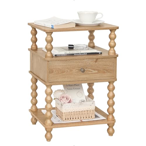 AWASEN Night Stand with Drawer, Bedside Table with Storage, 3-Tier Small Nightstand End Table for Bedroom with Solid Wood Spindle Legs, Rustic Walnut