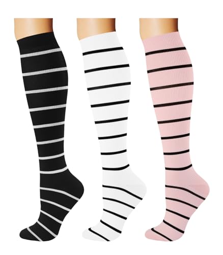 Breslatte 3pairs Compression Socks for Women Men 10-14 mmHg Circulation Knee High Athletic Support Socks Running Travel Flying striped blackwhitepinkL/XL